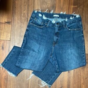 Good American distressed waist, cropped straight leg jeans